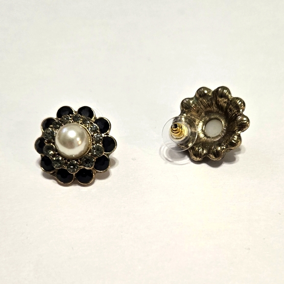 Gold Tone Pierced Earrings With Pearl & Black & Gray Stones - Picture 2 of 3